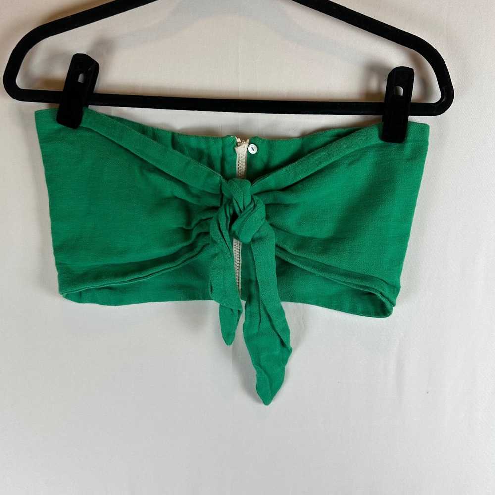 Just Bee Queen Womens Green Linen Front Tie Zipper Bandeau Tube Top Small USA